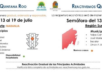 El sur de QRoo estará en rojo y el norte en naranja, del 13 al 19 próximos