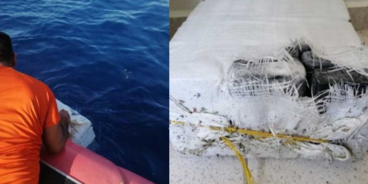 Semar asegura bulto con droga flotando frente Majahual