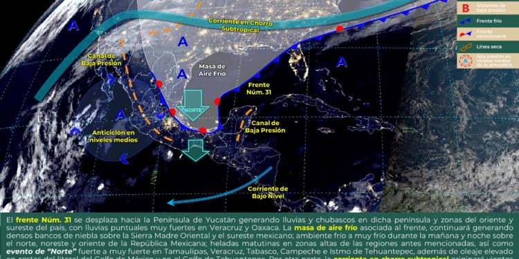 Frente frío 31 favorecerá probabilidad de lluvias y chubascos en la Península de Yucatán