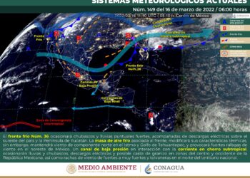 Este día, el frente frío 38 ocasionará chubascos y lluvias puntuales fuertes en zonas de la Península de Yucatán