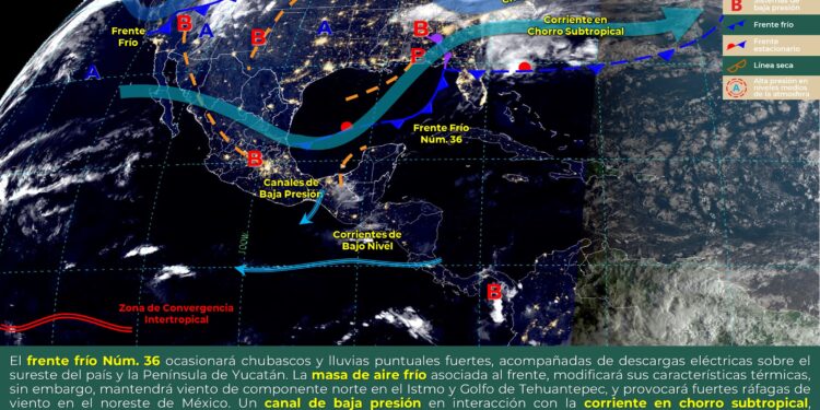 Este día, el frente frío 38 ocasionará chubascos y lluvias puntuales fuertes en zonas de la Península de Yucatán