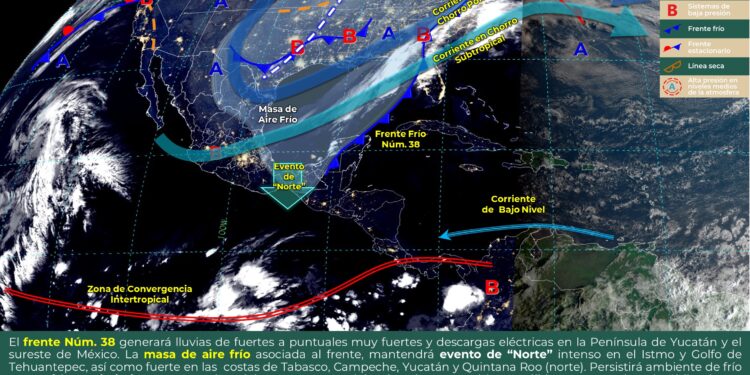 Llega el frente frío 38 con lluvias fuertes a la Península de Yucatán